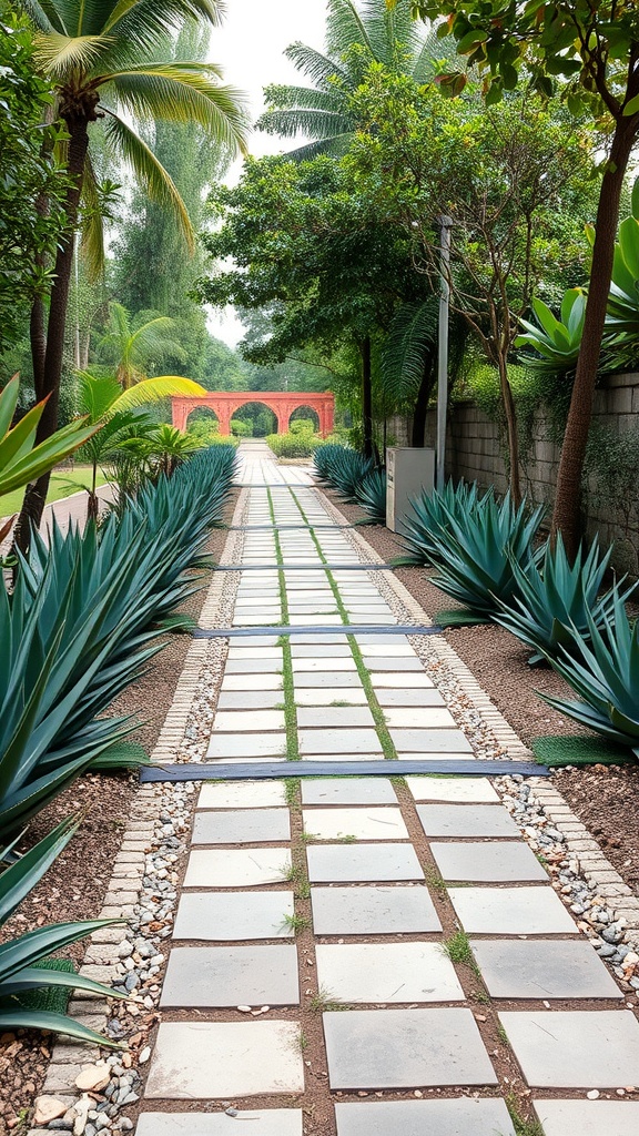 A pathway lined with aloe vera plants and decorative stones in a garden.