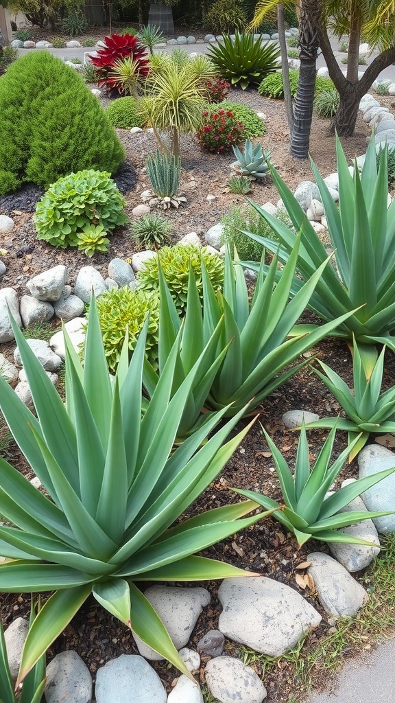 Aloe vera plants used as ground cover in a garden.