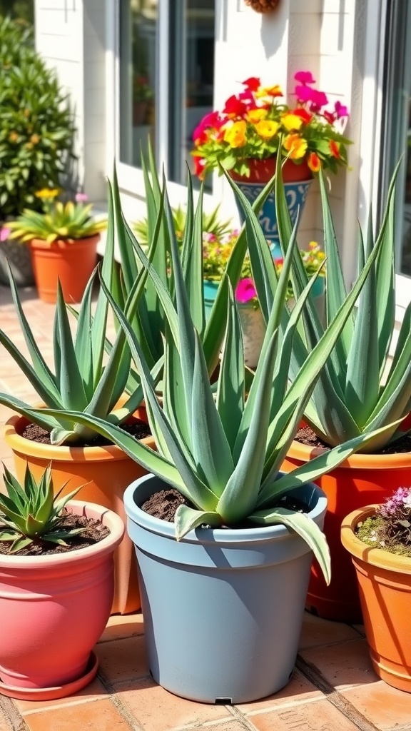 A variety of aloe vera plants in colorful pots on a sunny patio