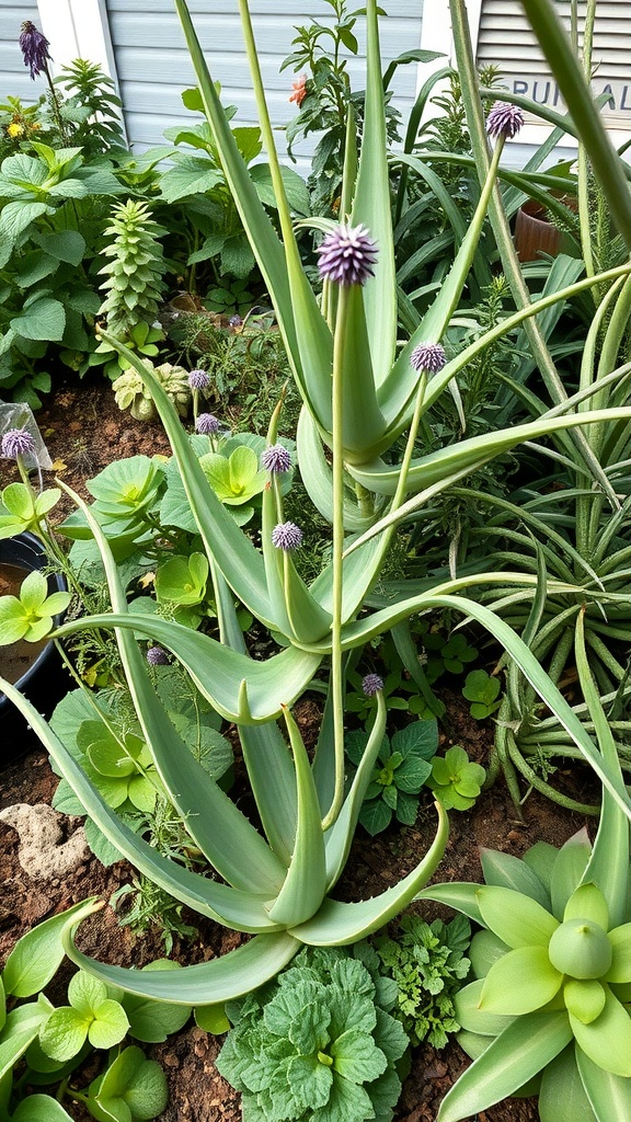 Aloe vera plants among other herbs in a garden setting.