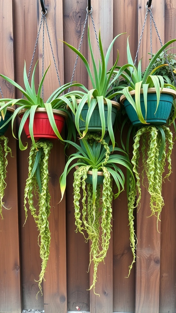 Hanging aloe vera plants in colorful pots against a wooden backdrop.