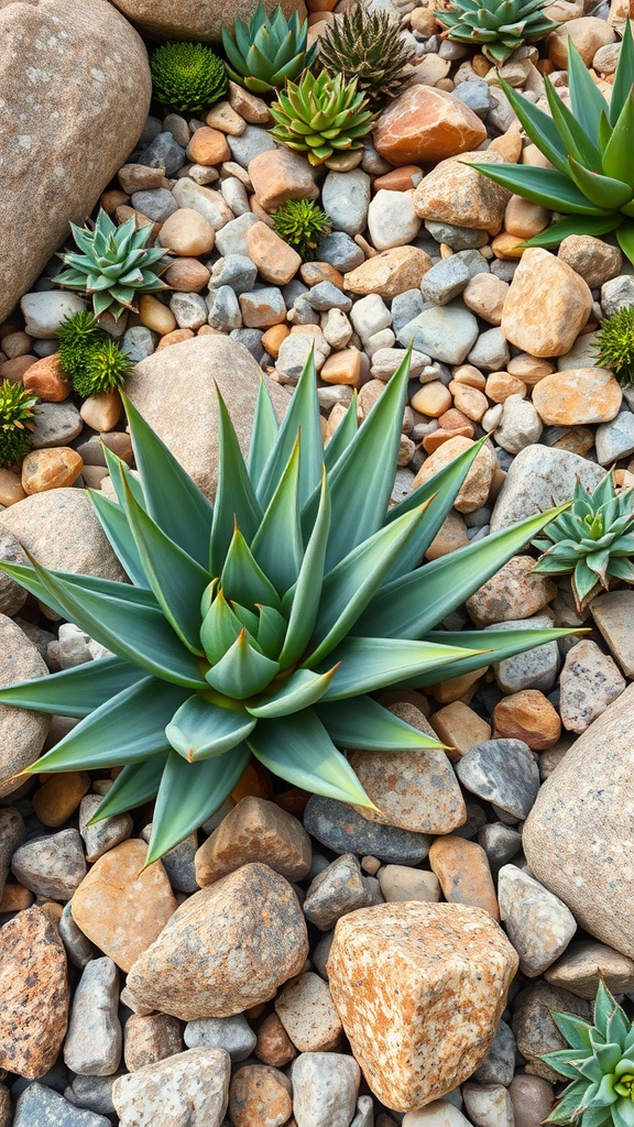 Aloe vera plant surrounded by various rocks and stones in a garden setting.