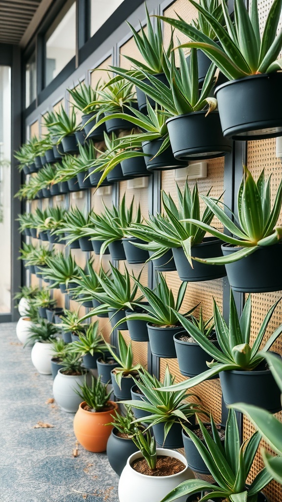 A vertical planter filled with various aloe vera plants