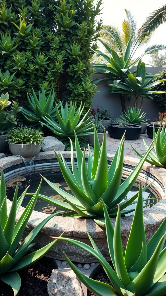 Aloe vera plants surrounding a circular water feature in a garden.