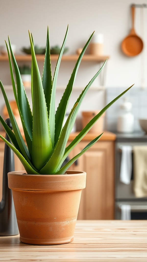 Aloe Vera plant in a terracotta pot on a wooden table in a kitchen setting.