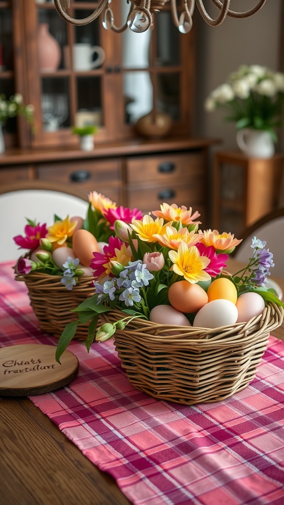 Two antique wicker baskets filled with flowers and pastel-colored eggs on a plaid tablecloth.