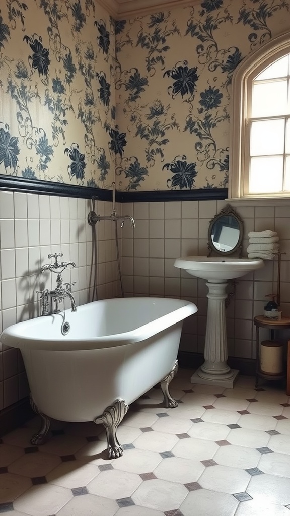 A vintage bathroom featuring a clawfoot tub, pedestal sink, and floral wallpaper.