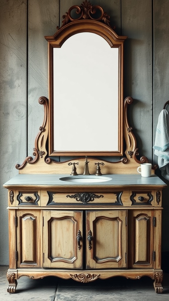 Antique wood bathroom vanity with a distressed finish and intricately designed mirror