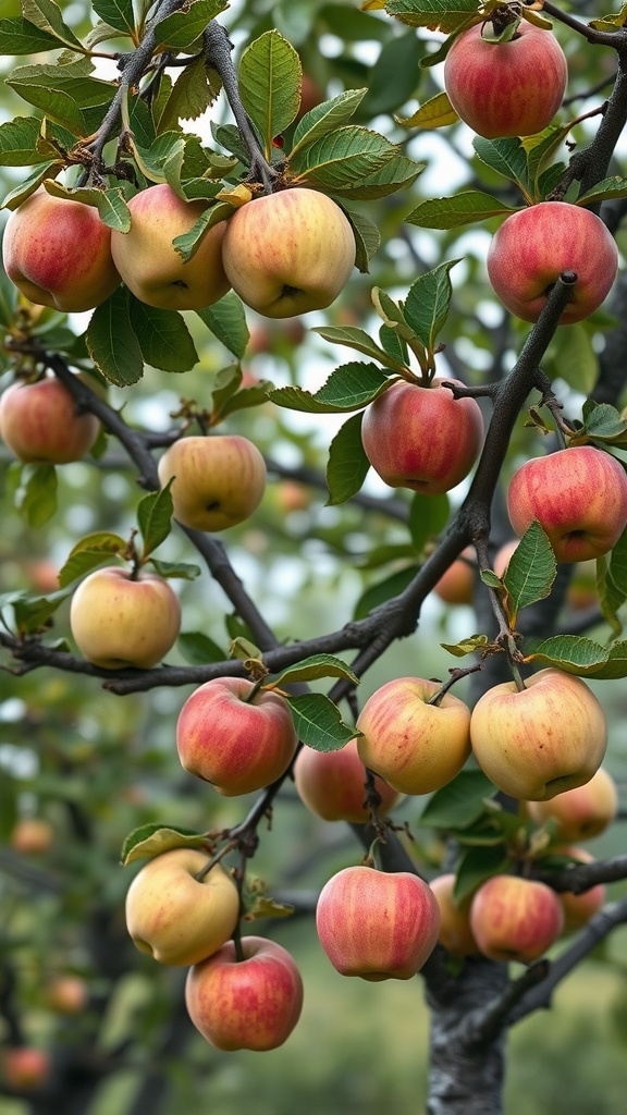 Branches of an apple tree laden with ripe apples.