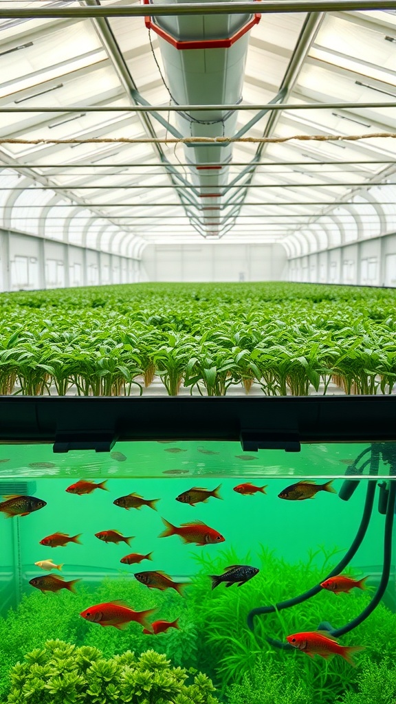 Aquaponics greenhouse with plants on top and fish swimming below.