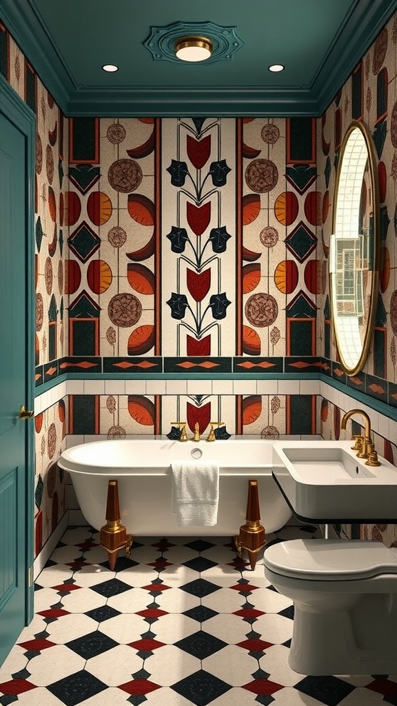 Chic bathroom with Art Deco style featuring bold patterns and colors.