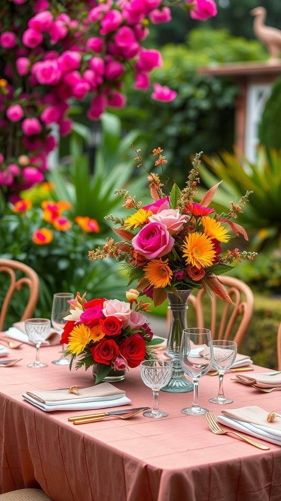 A beautifully arranged table with vibrant floral centerpieces, featuring roses and sunflowers, set for a garden tea party.