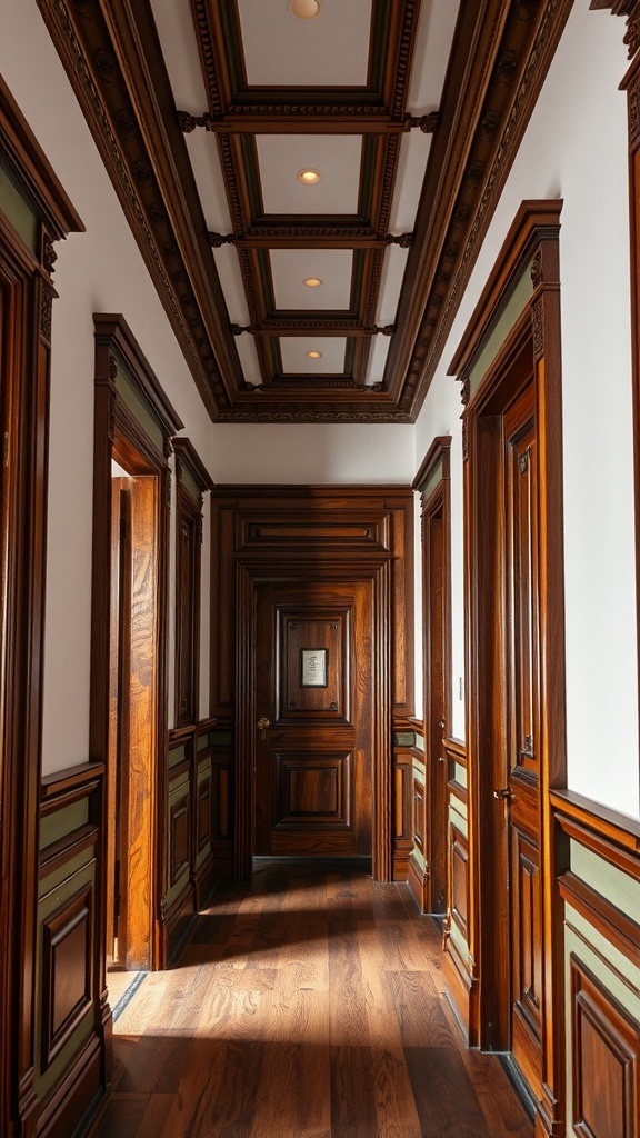 A beautifully crafted hallway featuring artisan woodwork and detailed trim.