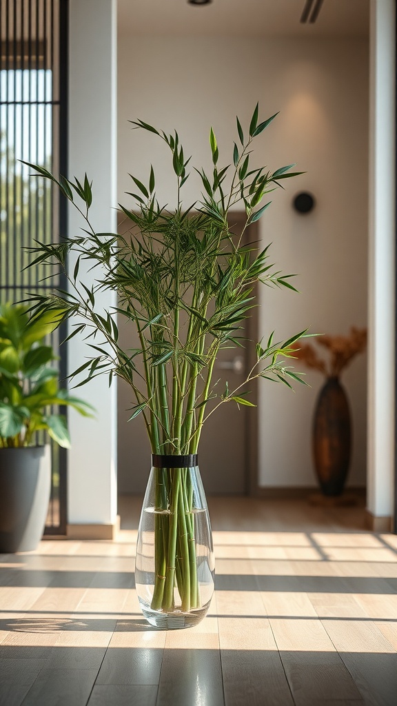 A tall bamboo arrangement in a clear vase, placed in a bright room.