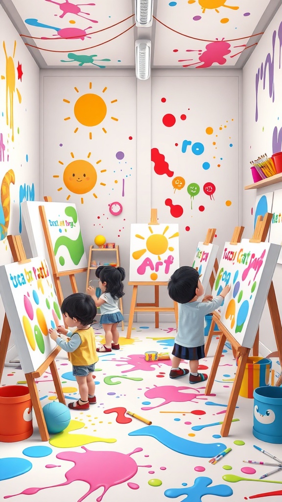 A vibrant artistic studio with children creating art on easels, colorful paint splashes on the walls, and creative supplies around.