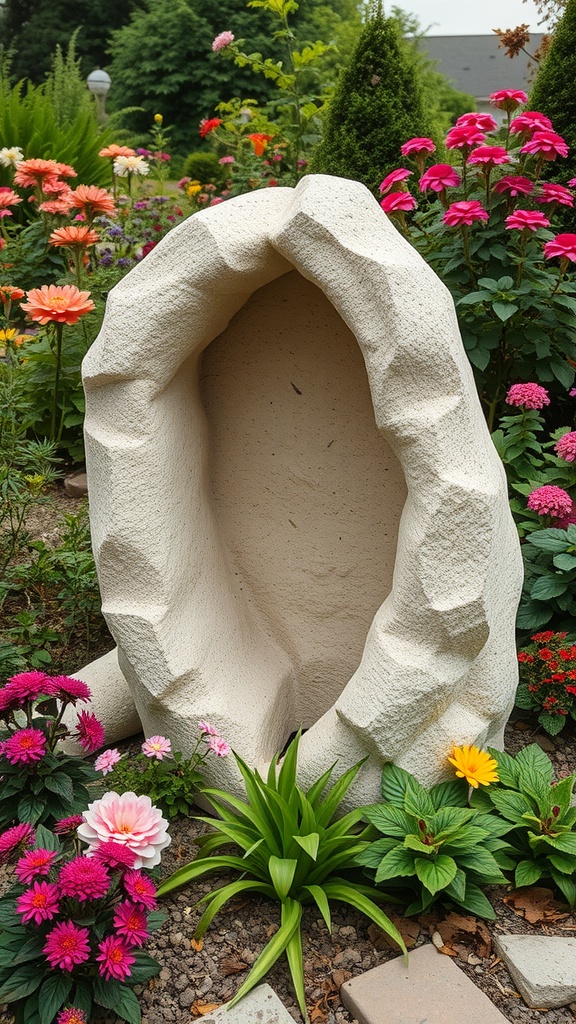 Artistic hypertufa sculpture surrounded by colorful flowers in a garden