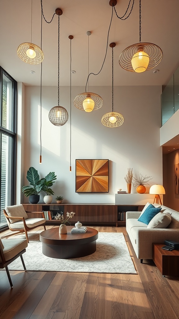 Stylish hanging lighting fixtures in a cozy Mid Century Modern living room setting.