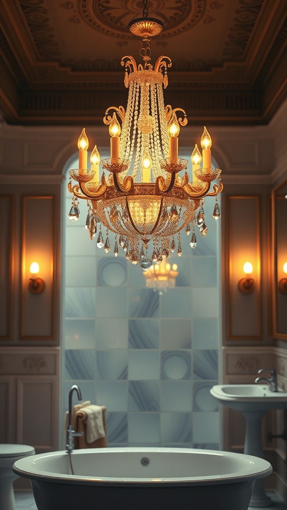 Elegant chandelier hanging in a luxurious bathroom, providing warm and inviting lighting.