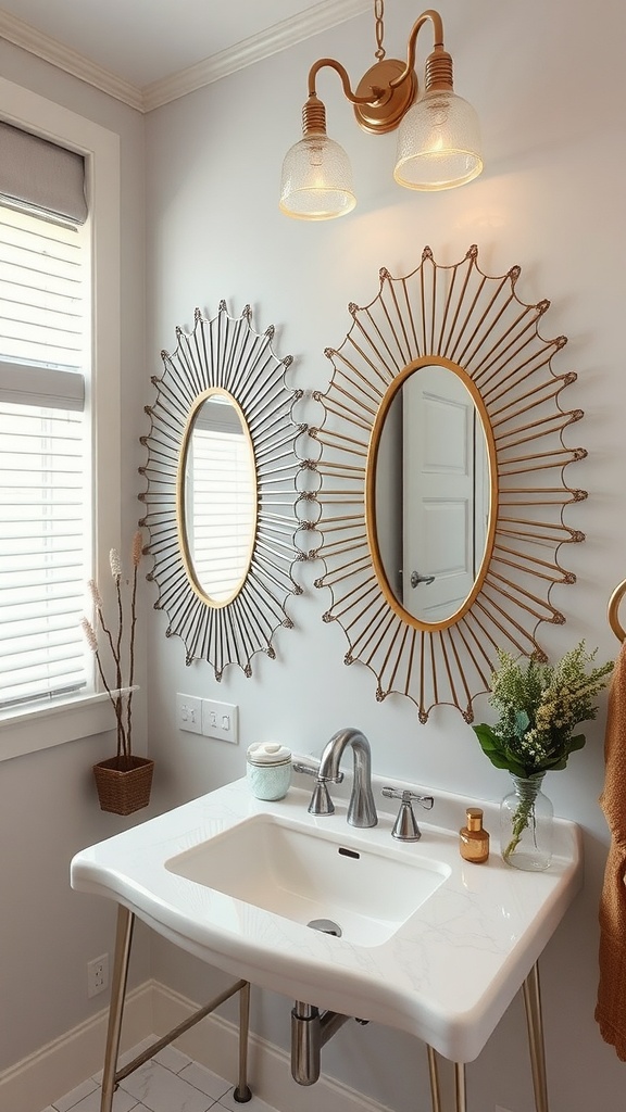 A bathroom featuring two artistic mirrors, one with a gold frame and the other with a black frame, above a modern sink.