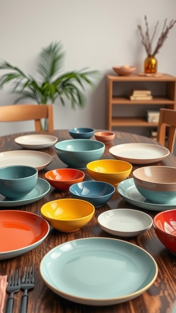 A creative arrangement of colorful plates and bowls on a wooden dining table.