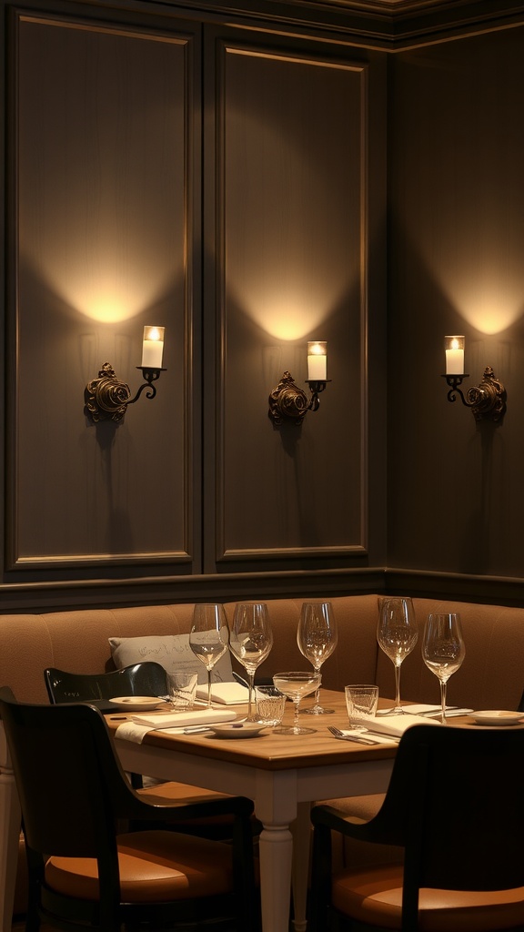 Artistic wall sconces illuminating a cozy dining area.