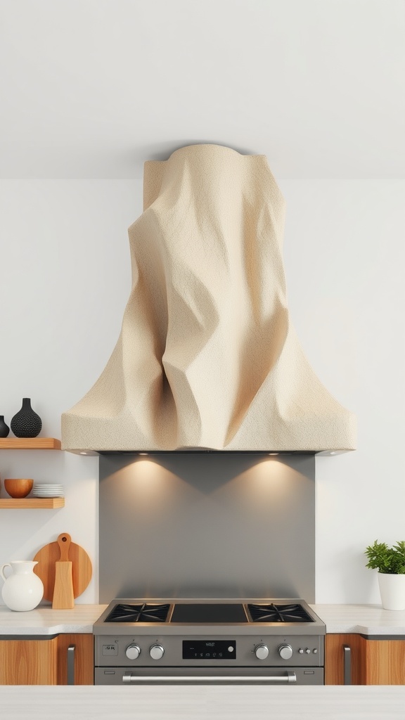 Artistic sculptural range hood in a modern kitchen setting