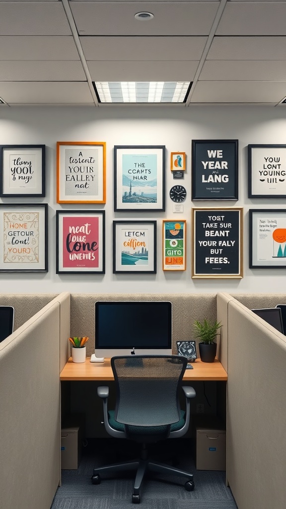 An office cubicle wall gallery featuring various framed art and quotes.