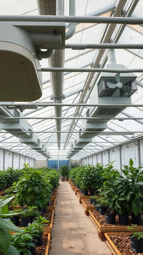 Interior of a greenhouse showing an automatic ventilation system with pipes and fans.