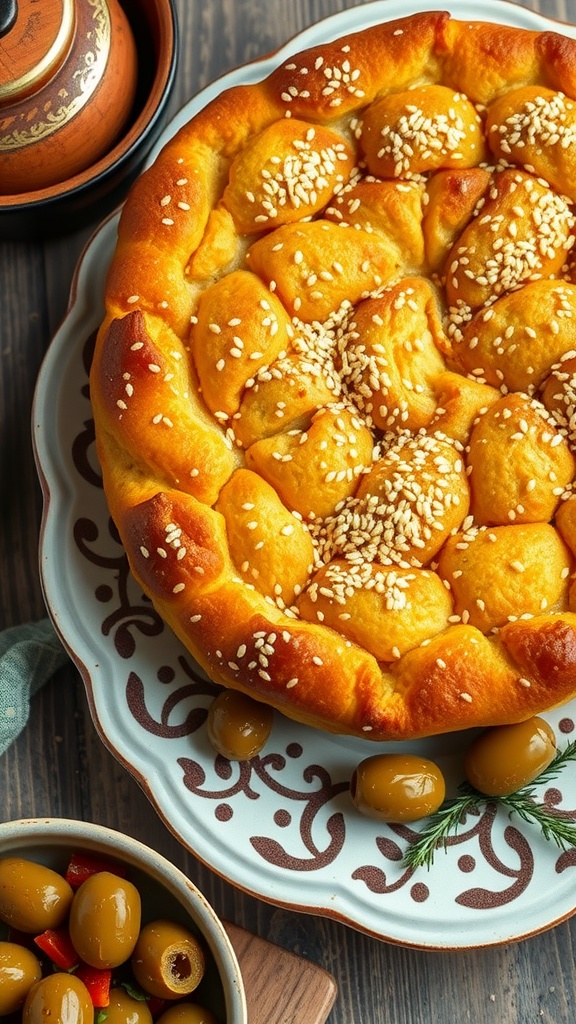 A freshly baked Kaak topped with sesame seeds, served with olives on the side.