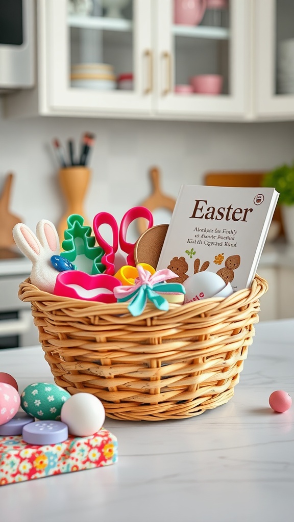 A wicker basket filled with baking tools and a cookbook for Easter themed baking.