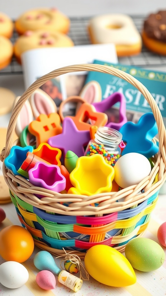 Easter basket filled with baking supplies, cookie cutters, and colorful eggs