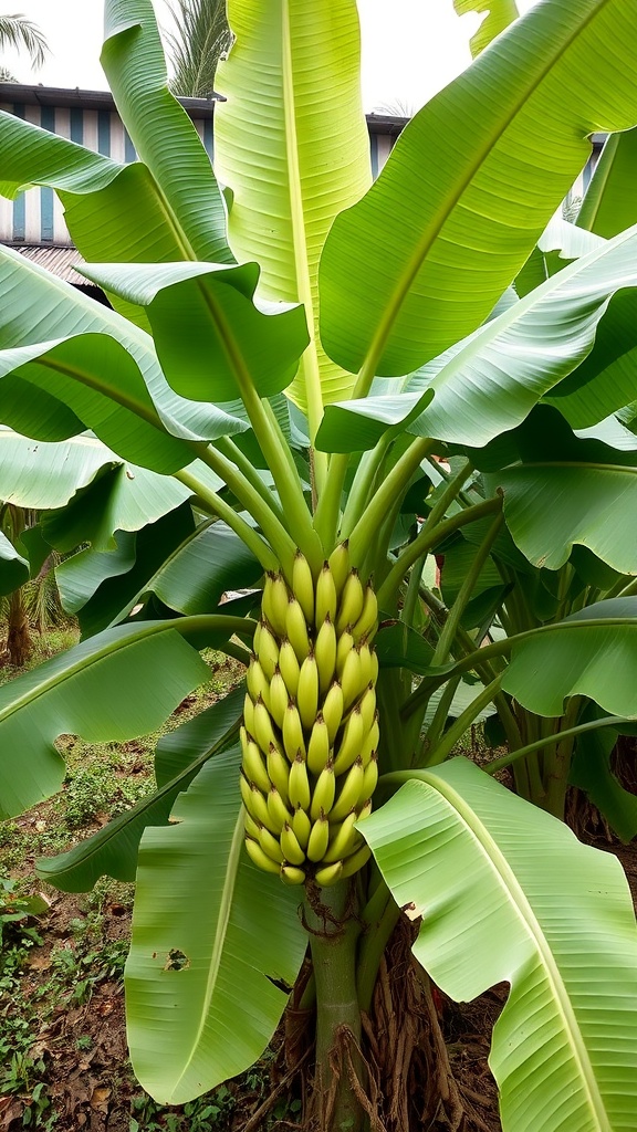 Close-up of a banana plant showing large green leaves and clusters of bananas