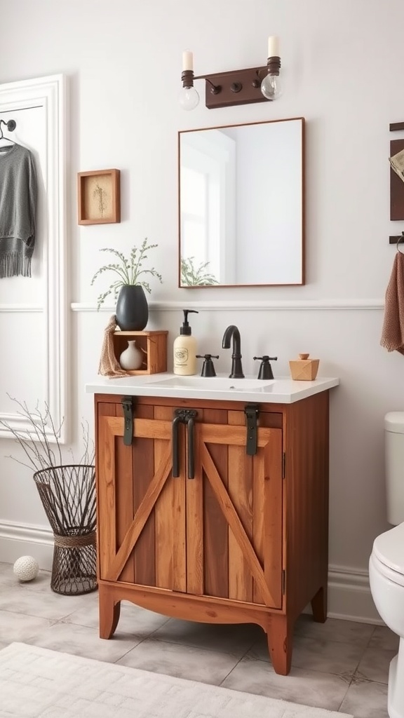 A rustic barn door style vanity cabinet with sliding doors, set in a light-colored bathroom