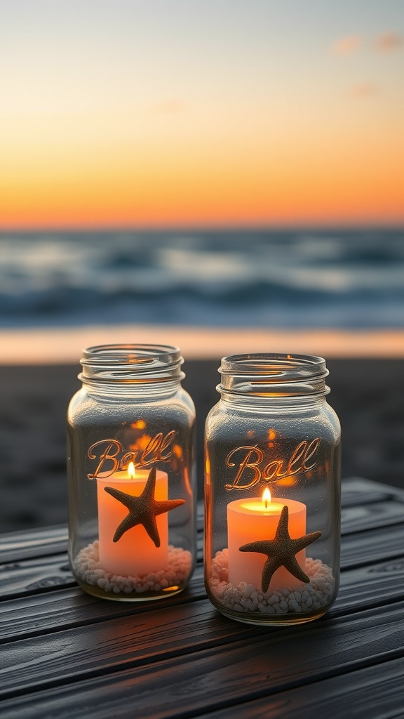 Two mason jar lanterns with candles inside, decorated with starfish, on a beach at sunset