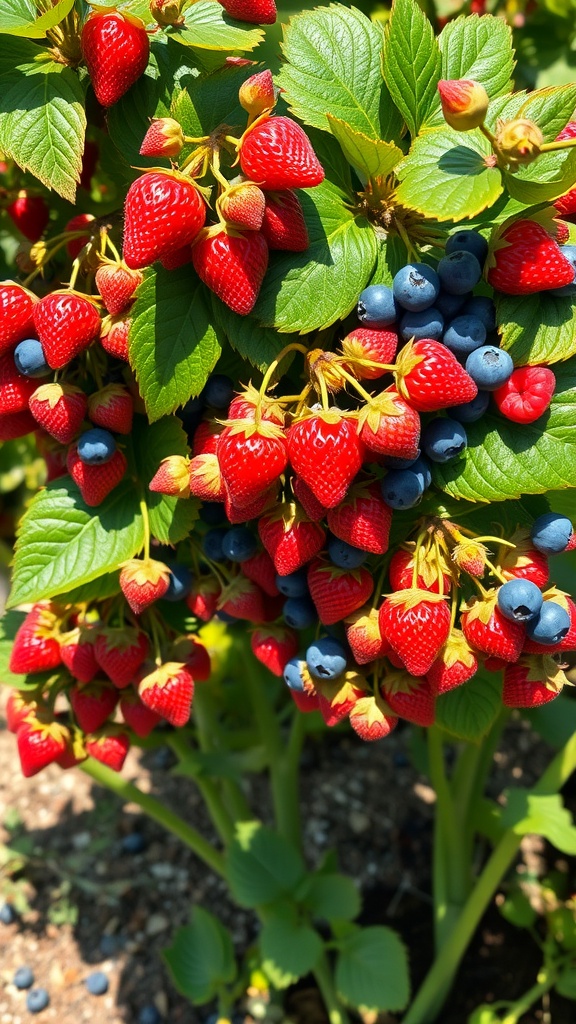 A close-up of a bush featuring ripe strawberries and blueberries, showcasing the beauty of grafting berry plants.