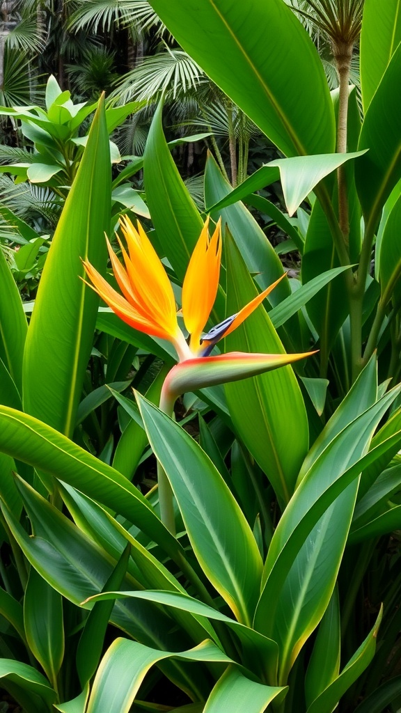 A close-up of a Bird of Paradise plant with vibrant orange and green leaves.