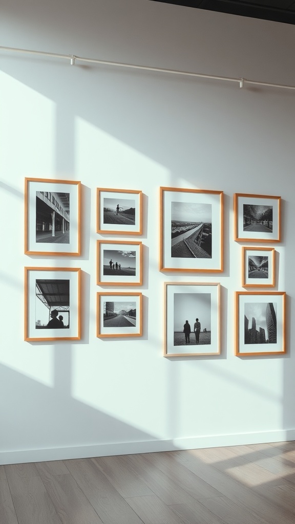 Gallery wall featuring black and white photographs in wooden frames.