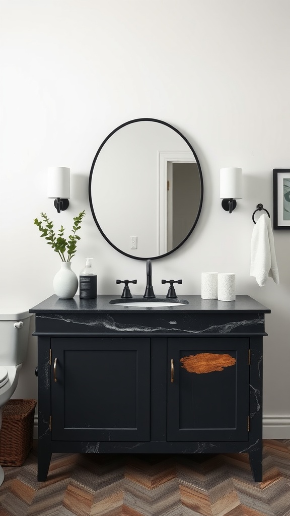 A black bathroom vanity with unique textures, featuring a dark countertop, wooden accent, and stylish fixtures.