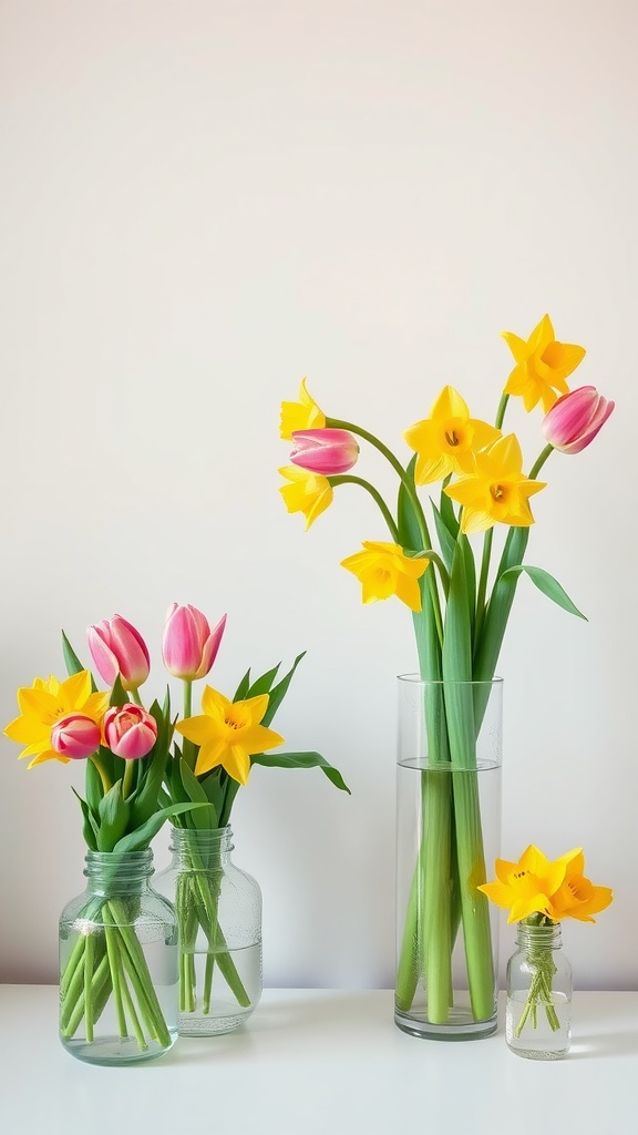 A beautiful arrangement of pink tulips and yellow daffodils in various glass vases.