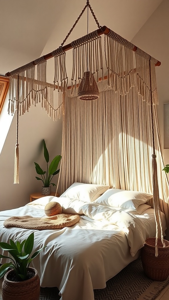 A bohemian macrame bed canopy made of natural fibers hanging over a bed with light-colored bedding and greenery.