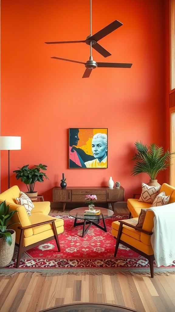 Cozy mid century modern living room with bold orange accent wall and yellow chairs.