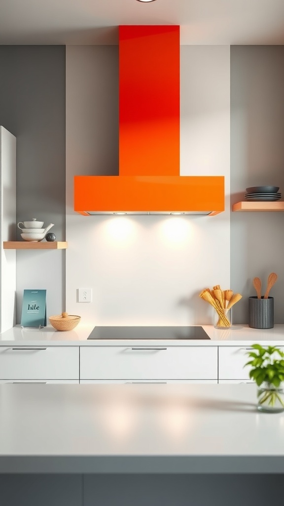 A modern kitchen with a vibrant orange hood vent above a sleek white countertop.