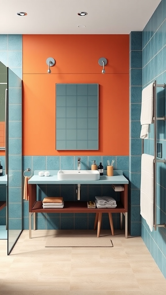 A modern bathroom featuring bold orange and blue accents.