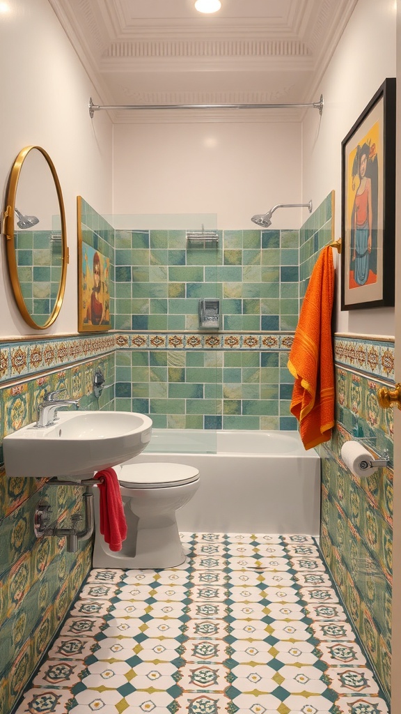 A colorful bathroom with green tiled walls, patterned floor tiles, and bright orange towel.