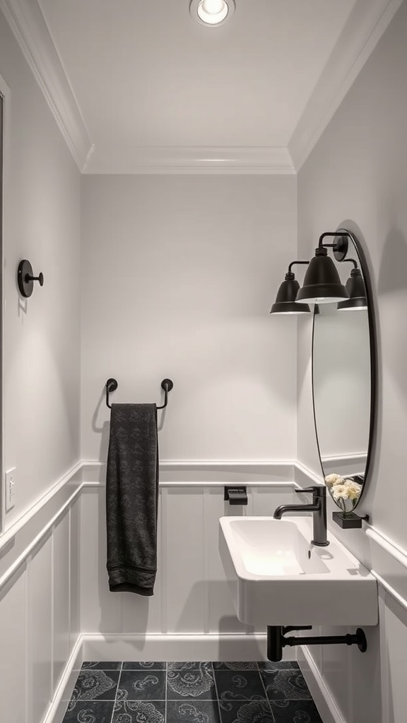 Small black bathroom with three pendant lights, a white sink, and black accessories.