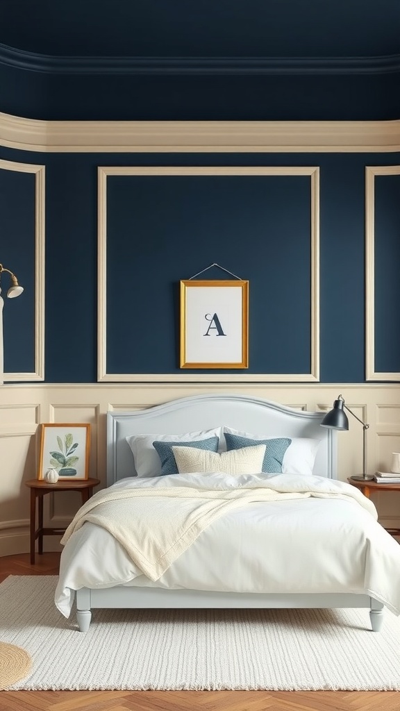 A bedroom featuring bold navy walls with soft cream accents and a stylish chair rail.