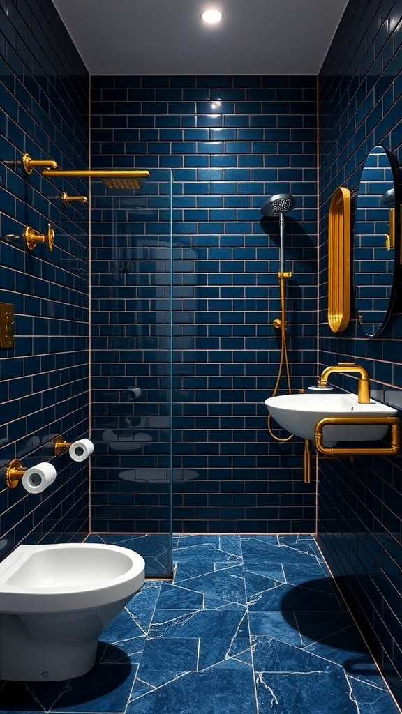 A modern bathroom featuring bold navy blue tiles, gold fixtures, and a sleek design.