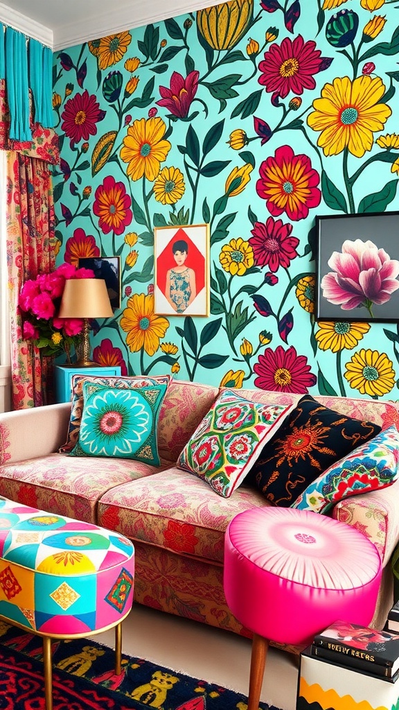 A vibrant living room with floral wallpaper, colorful cushions, and playful decor.