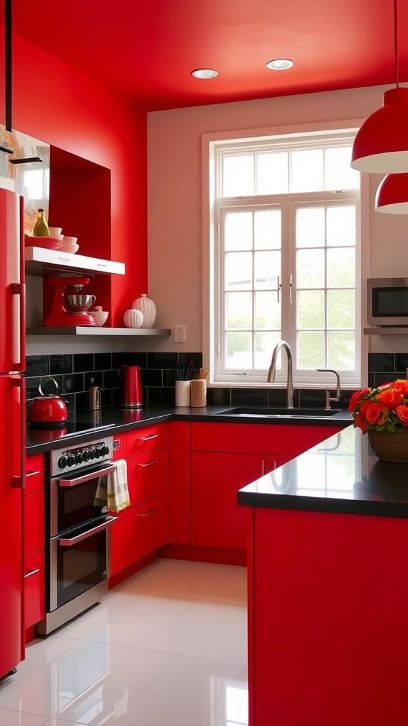 A modern kitchen featuring red cabinetry, red walls, and black countertops.