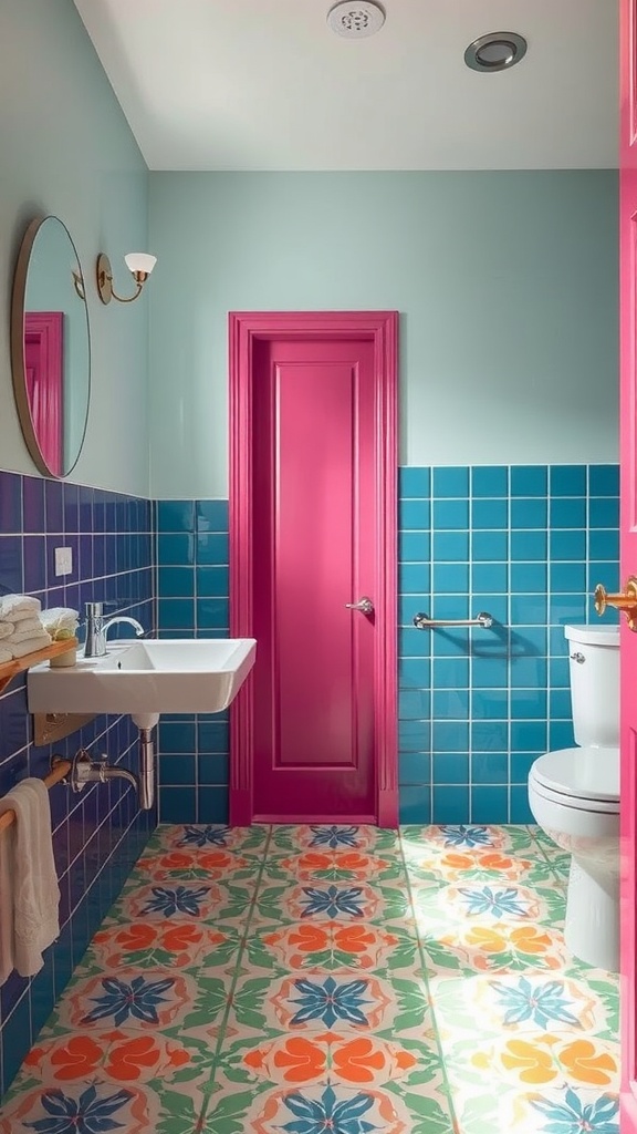 A colorful bathroom featuring blue wall tiles, floral patterned floor tiles, and a bright pink door.